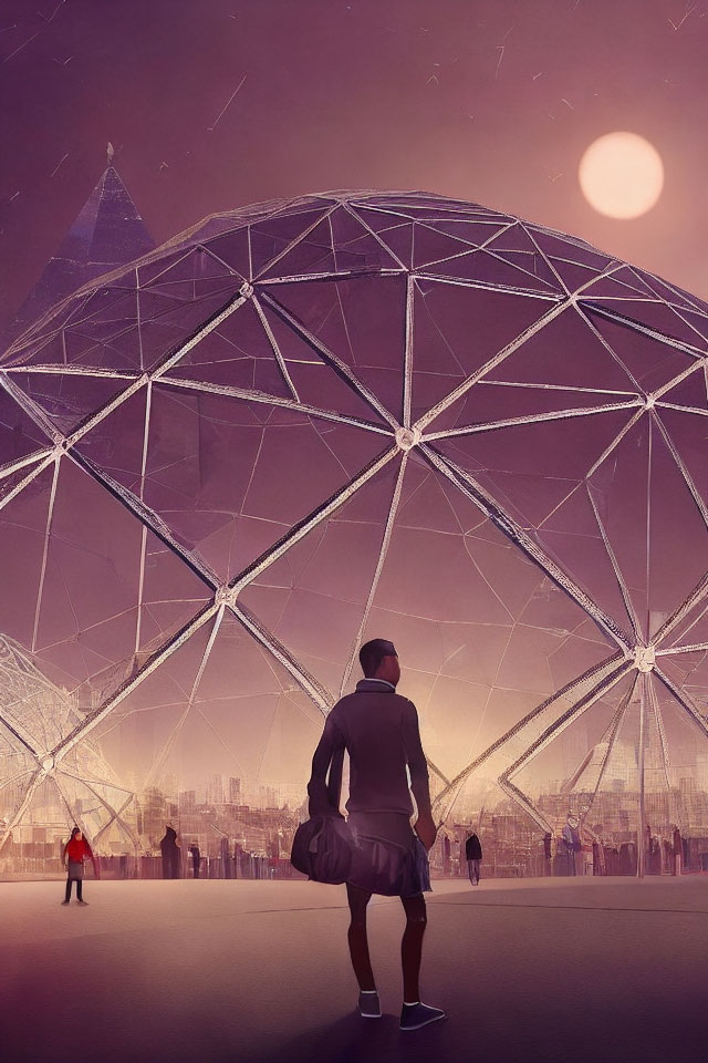 Futuristic cityscape with geodesic dome at dusk