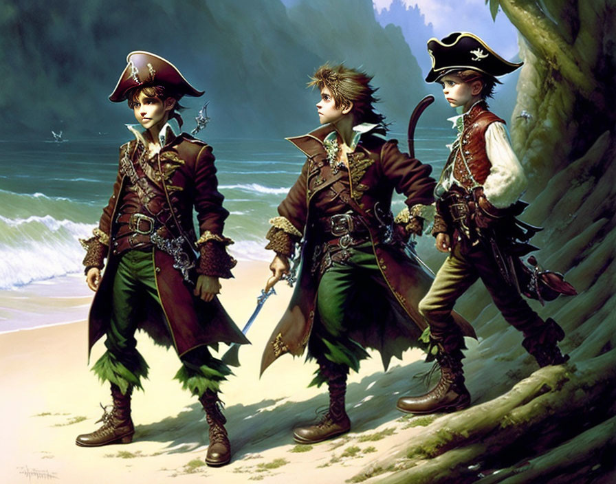 Animated pirate characters on beach with ship in distance