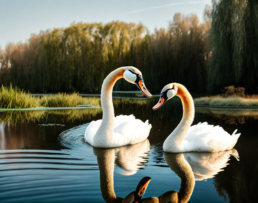 Swans Creating Heart Shape on Lake at Sunset