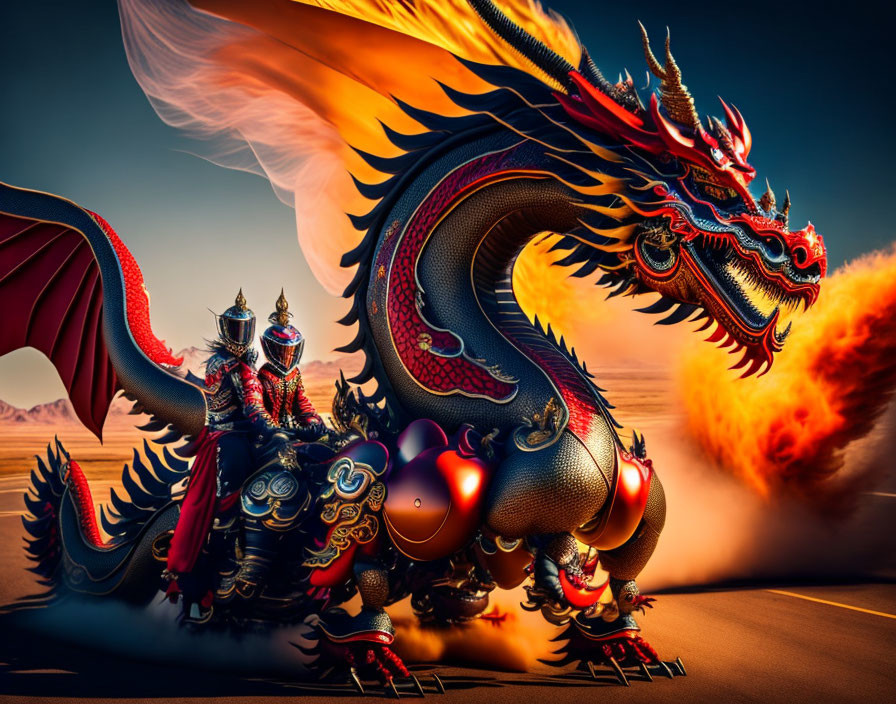 Red dragon breathing fire with warrior in black armor riding, desert background