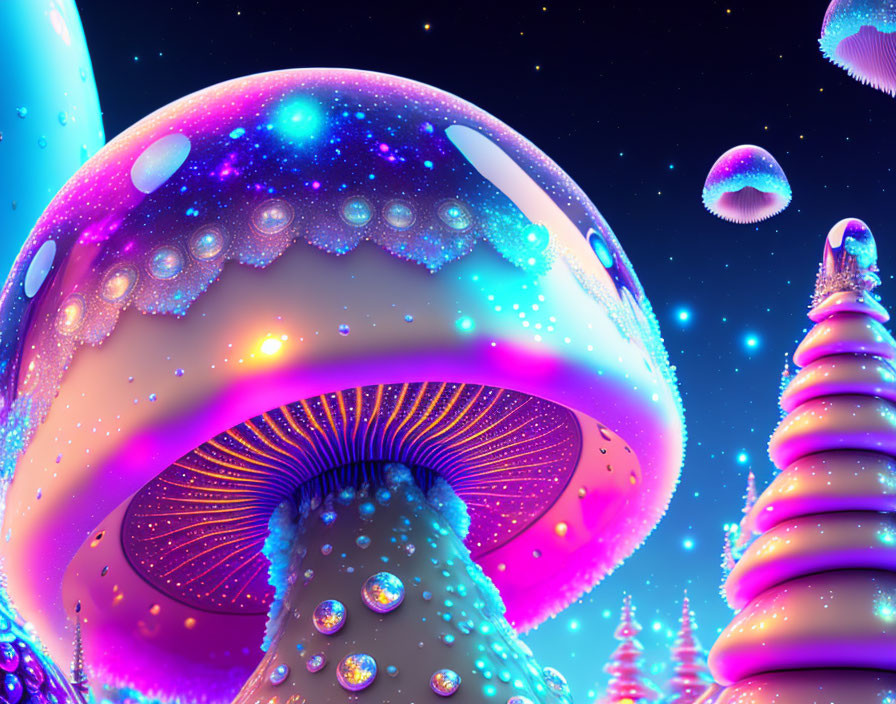 Fantastical landscape with glowing jellyfish-like creatures and exotic flora
