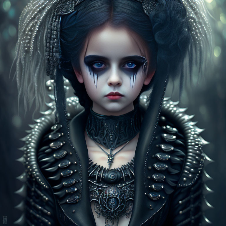 Dark makeup girl in gothic black costume with spikes and intricate jewelry