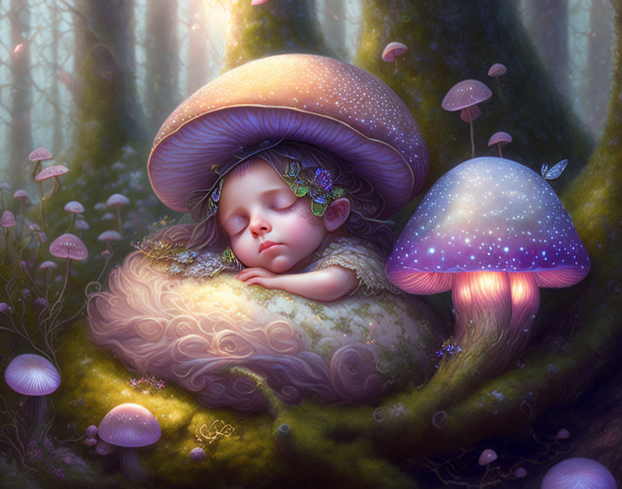 Child Sleeping Under Large Mushroom Cap in Enchanted Forest