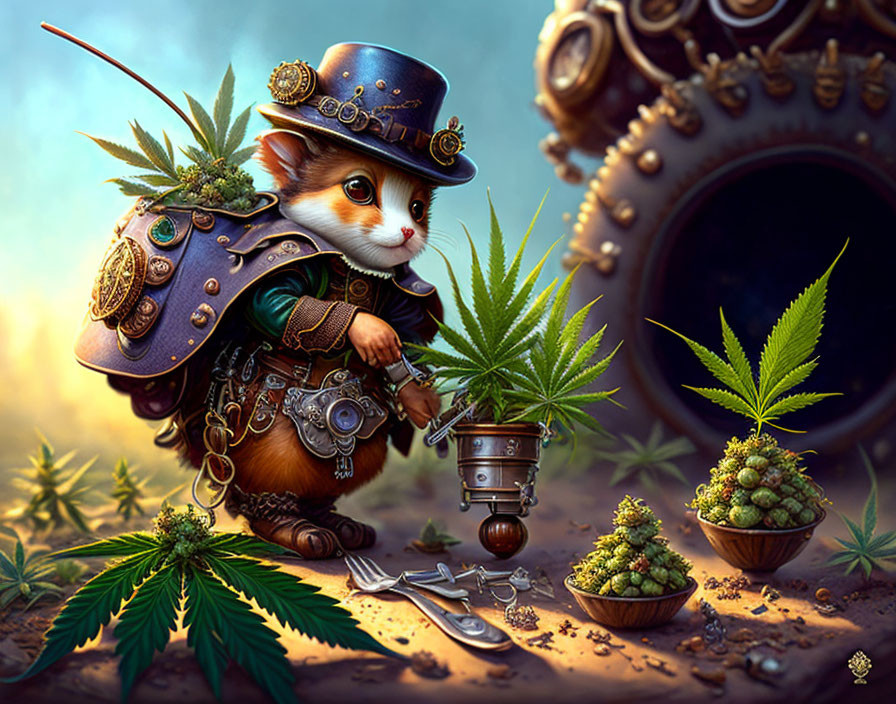 Steampunk-themed anthropomorphic cat with goggles and gear lantern in cannabis plant setting