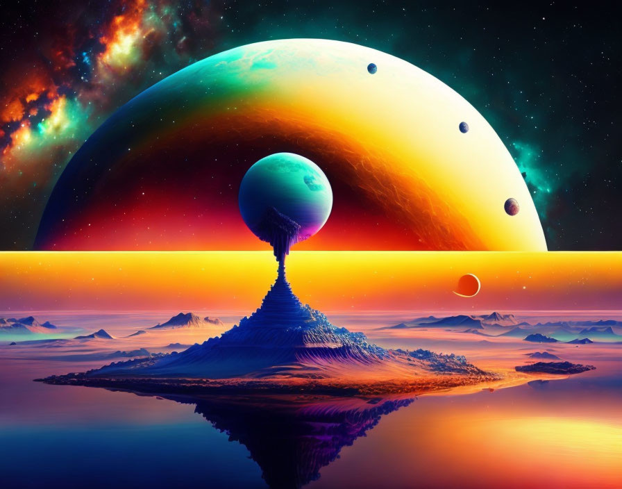 Vibrant cosmic landscape with large planet and celestial bodies reflected in serene water