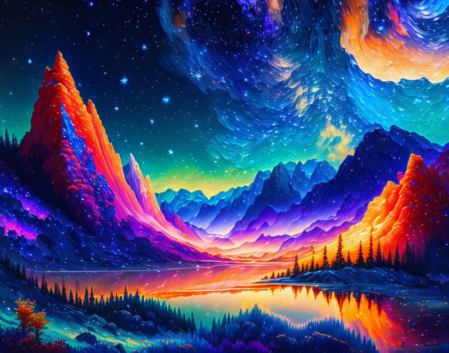 Colorful Mountain Landscape with Galaxy Sky and Twilight Reflections
