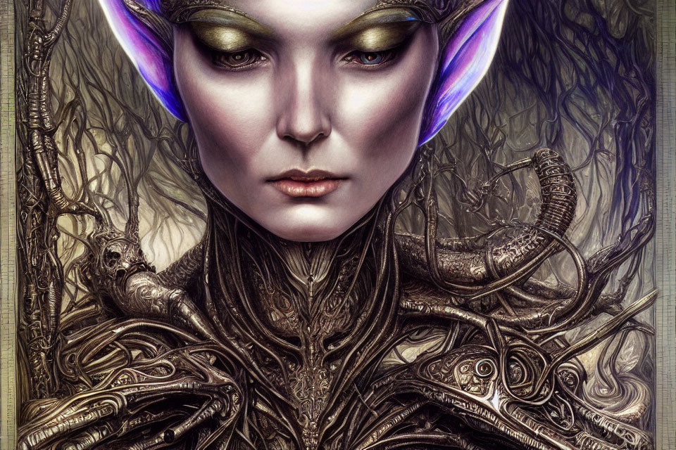 Detailed illustration of female elf in golden armor with purple ears