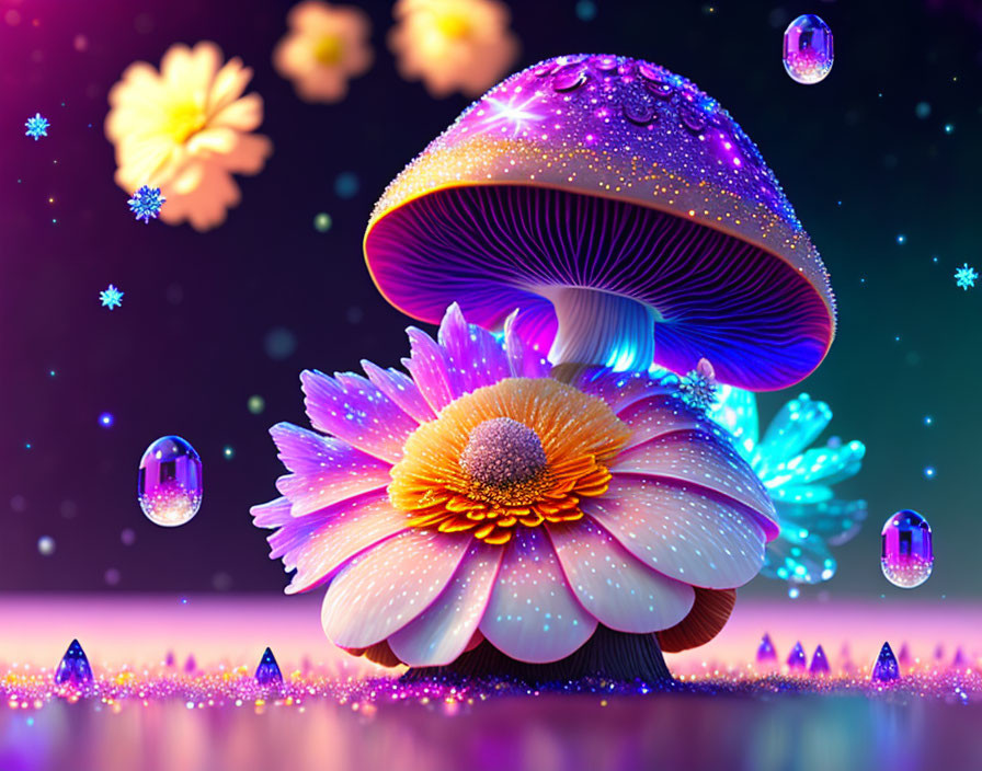 Colorful fantasy illustration: Glowing mushroom on flower with dewdrops and crystals