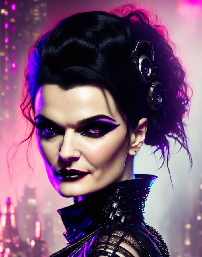 Futuristic woman with creative hairstyle and purple makeup in black outfit against cityscape