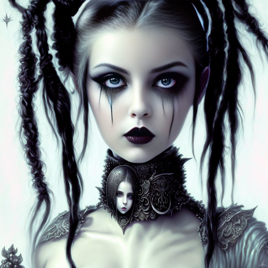 Pale Gothic Female Figure in Dark Makeup and Intricate Clothing