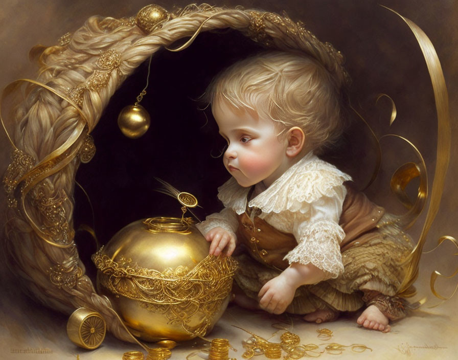 Young child looking into overflowing golden pot in luxurious frame