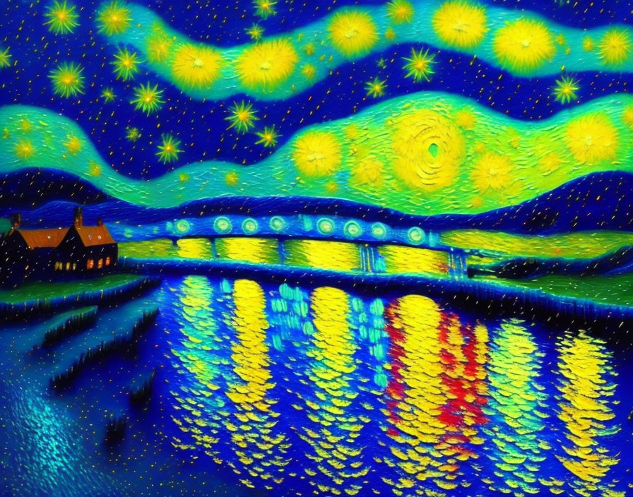 Starry Night Sky Painting Over Water with Bridge and Buildings