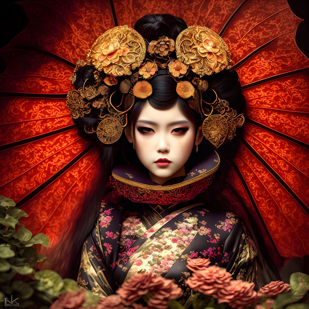 Traditional Asian Woman with Golden Headpieces and Red Parasol in Floral Setting