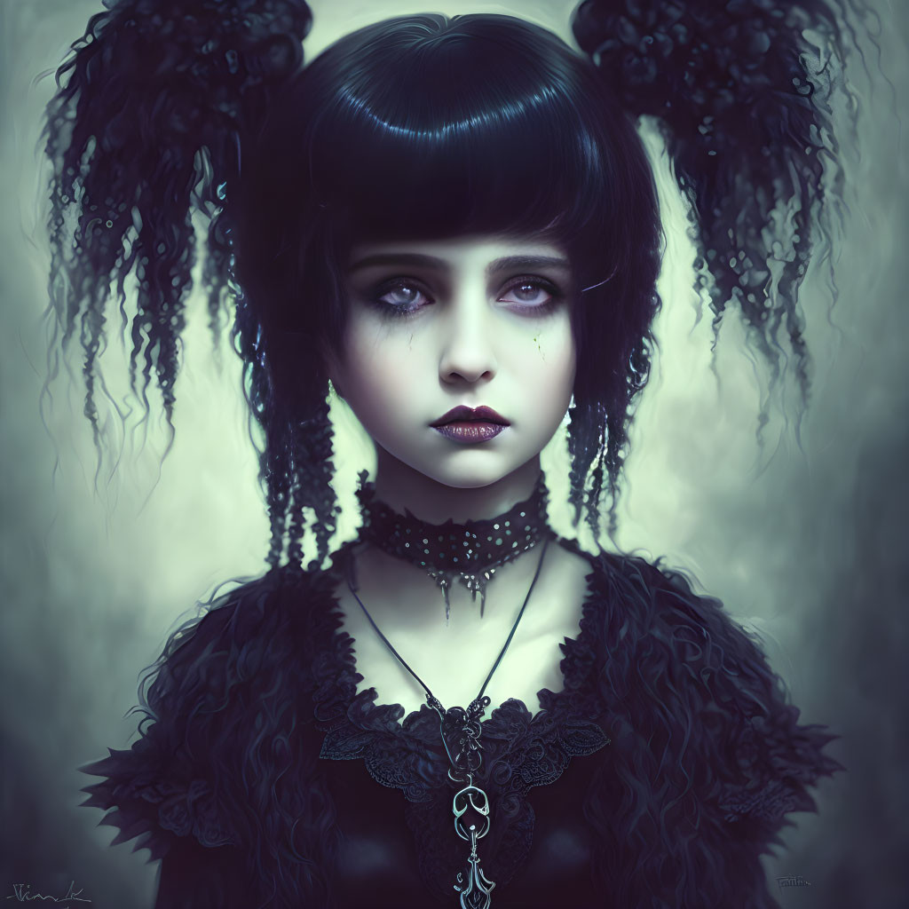 Dark-haired girl in gothic attire with intense eyes