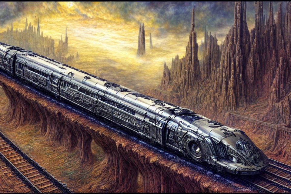 Futuristic silver train on elevated tracks in golden skyline