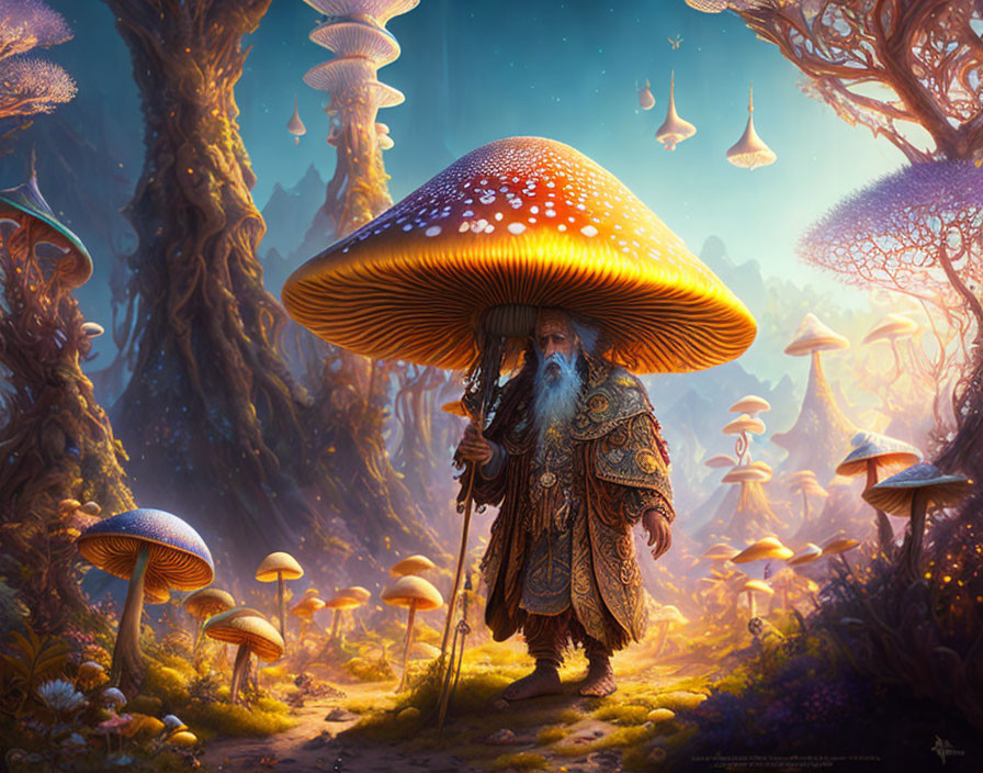 Wizard with Mushroom Cap Hat in Enchanted Forest with Oversized Mushrooms