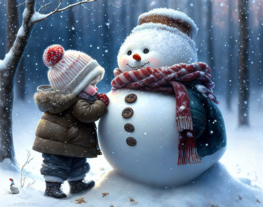 Child in winter clothing near snowman in snowy forest with bird