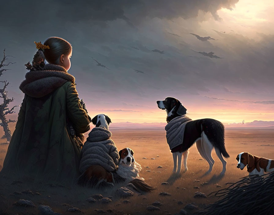 Young girl in green cloak and crown with three dogs watching cityscape at sunset