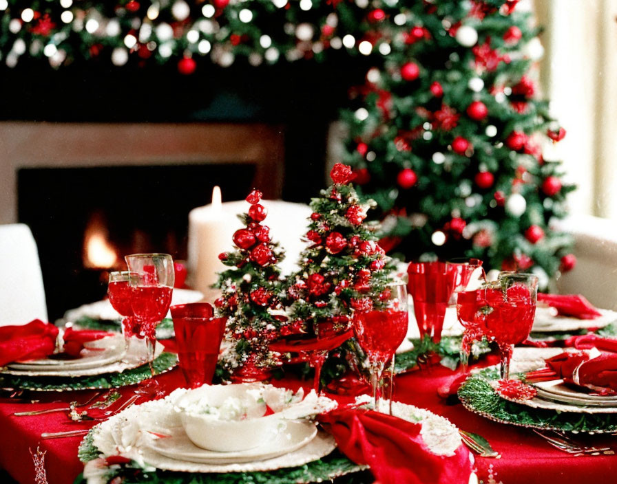 Christmas dining table set with red glassware, plates, mini tree centerpiece, holiday decor, and lit