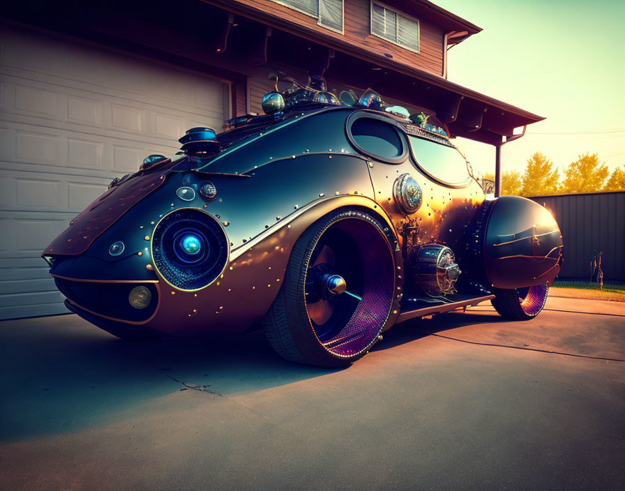 Vintage-style futuristic car with round doors and glowing accents in home driveway at dusk