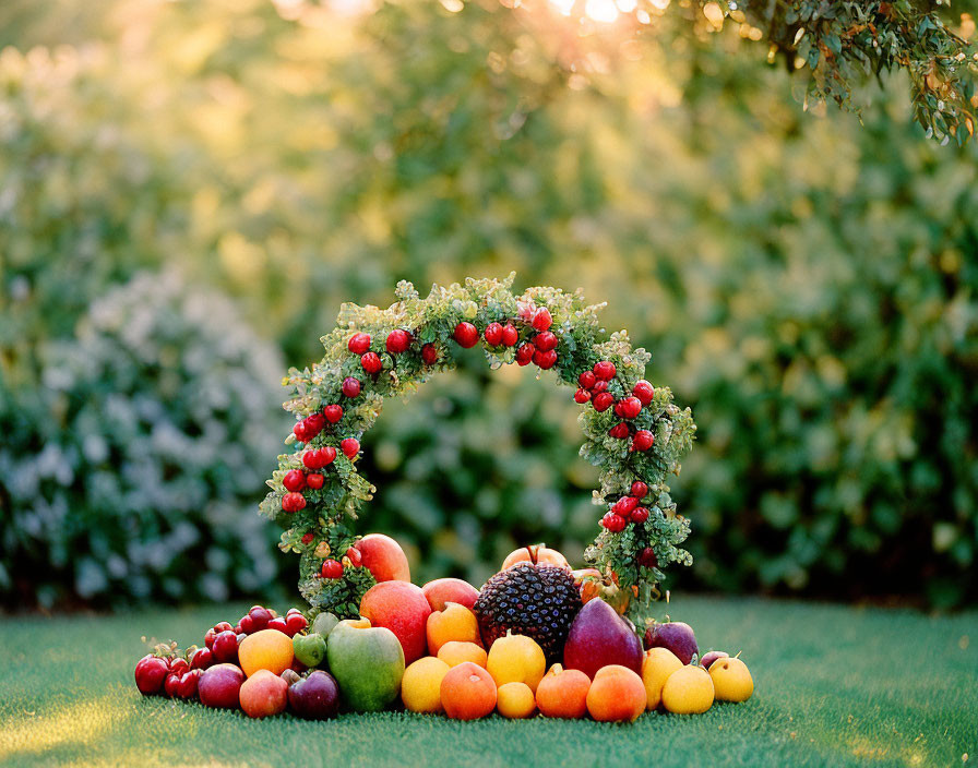Arched Flower Arrangement with Red Berries and Fresh Fruits on Grassy Backdrop