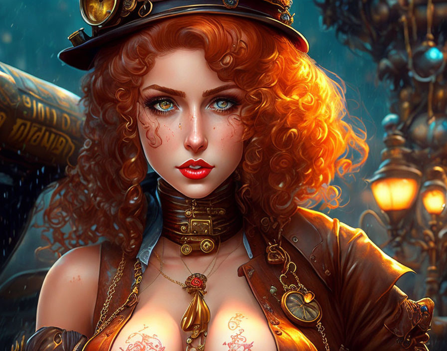 Steampunk-themed illustration of woman with red hair and copper attire