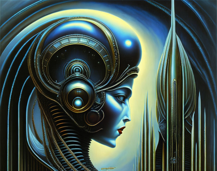 Futuristic female figure with mechanical features on abstract blue background