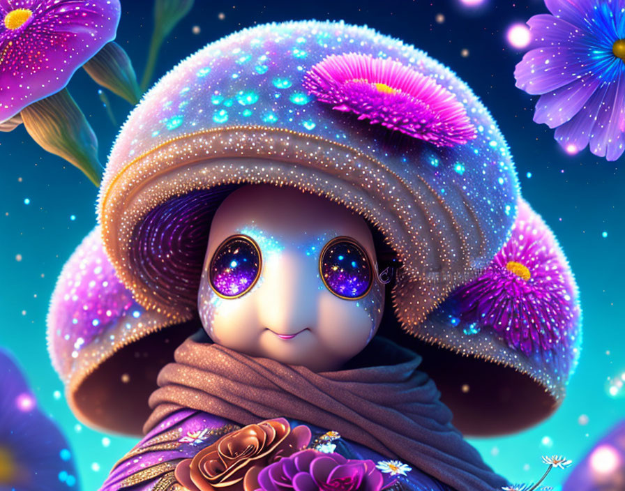 Whimsical digital artwork of cute character with large purple eyes, draped in soft fabric, adorned with