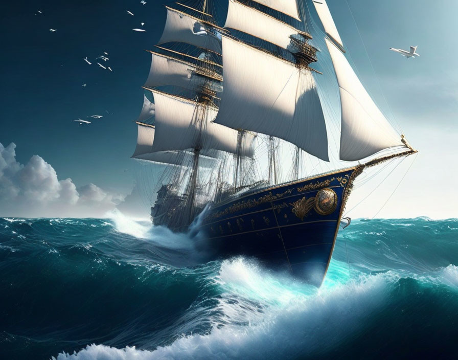Majestic sailing ship with white sails on tumultuous sea waves