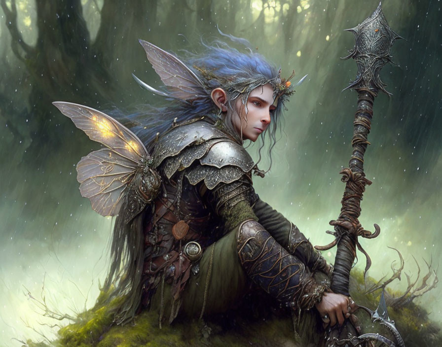 Fantasy illustration of an elf in intricate armor with wings and staff in misty forest