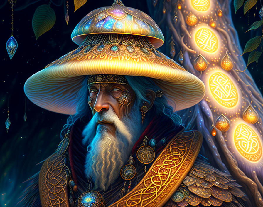 Bearded wise man in glowing mushroom cap hat among luminous trees