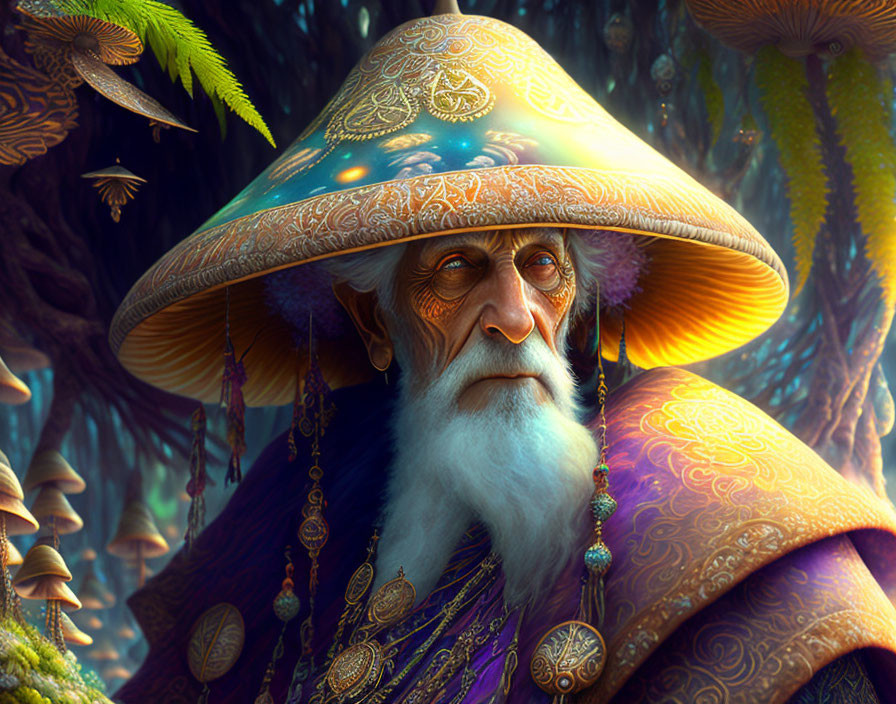 Elderly male figure with mushroom hat in vibrant enchanted forest