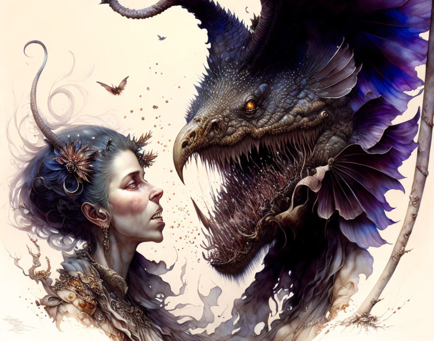 Fantastical woman with ornate headgear next to detailed dragon