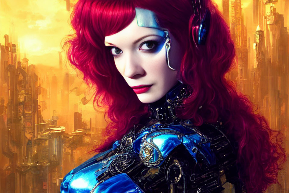 Red-haired woman with cybernetic enhancements in futuristic cityscape.