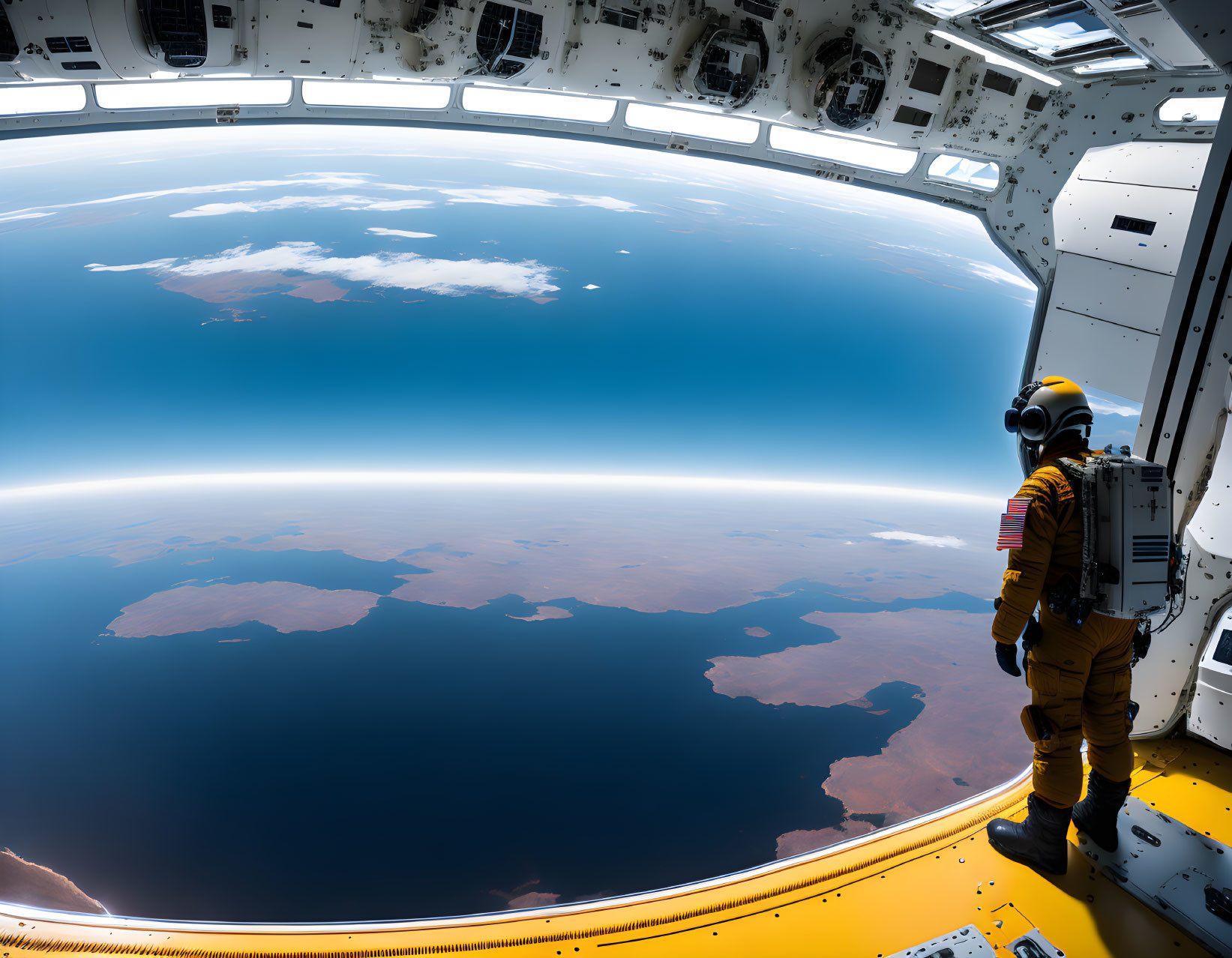 Astronaut viewing Earth from spacecraft window