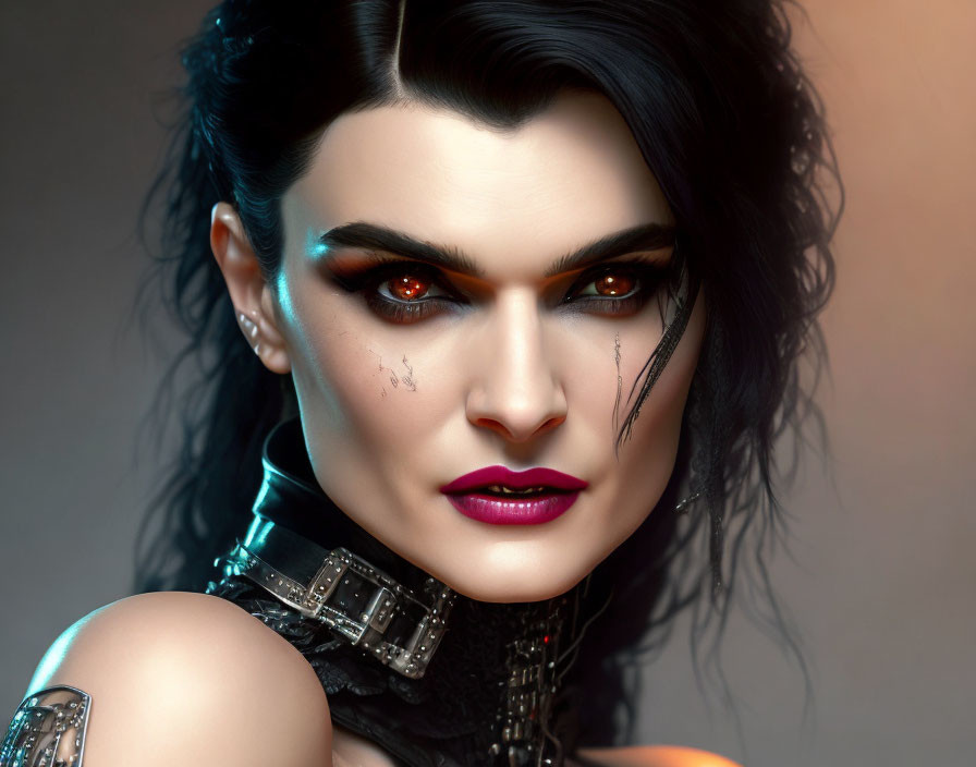 Intense red-eyed person in dark hair and leather attire