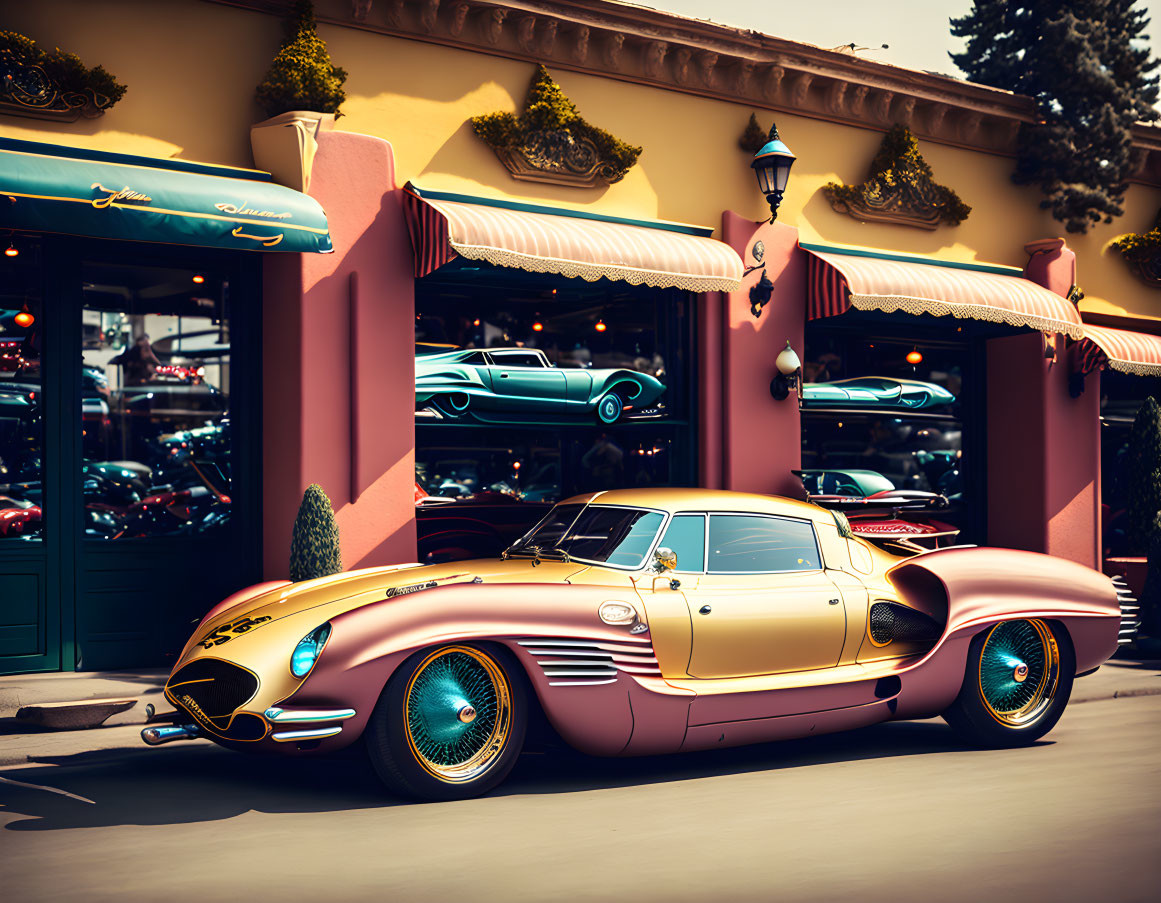 Vintage Pink and Gold Custom Car Outside Classic Car Shop