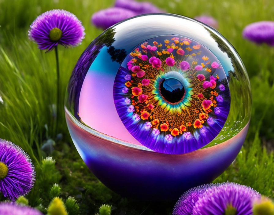Reflective sphere with vibrant flower and distorted green landscape in purple flower eye.