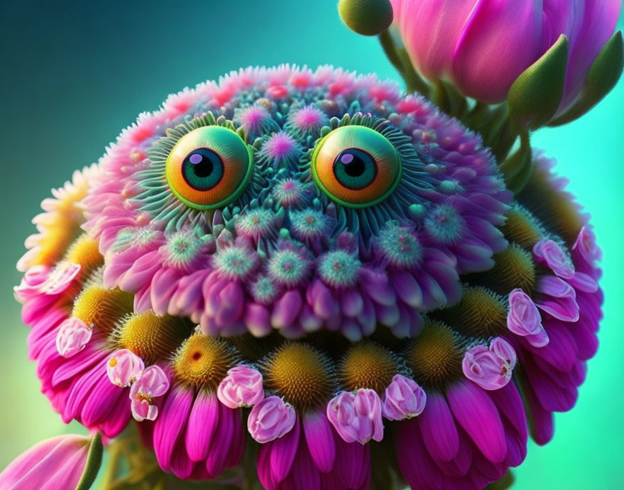 Whimsical creature with large green eyes and floral fur on soft-focus background