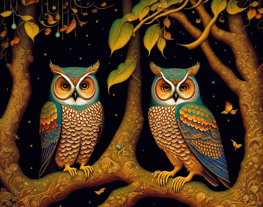 Detailed illustration of vibrant owls on branch in starry night