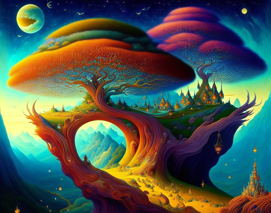 Colorful landscape with swirling treehouse, mountains, and celestial bodies