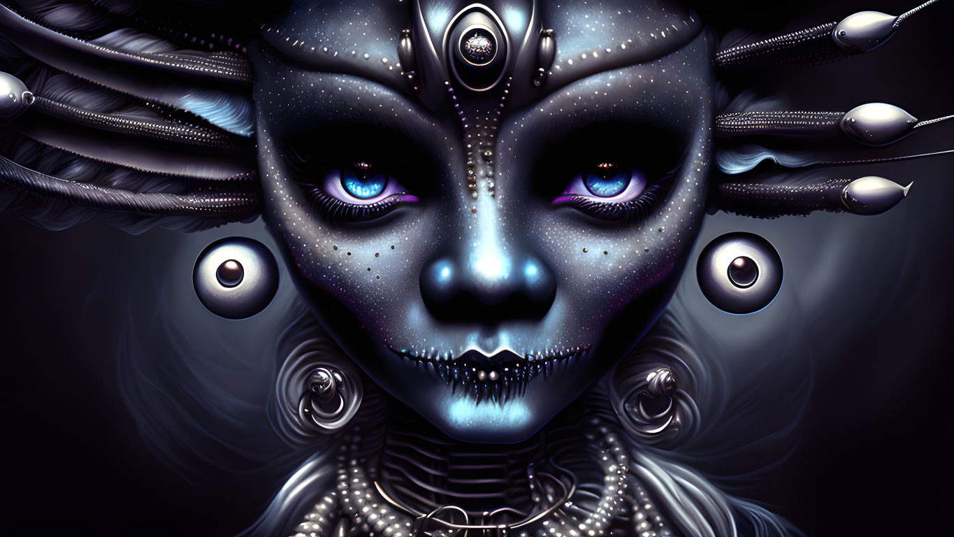 Surreal humanoid figure with blue skin and cosmic motifs