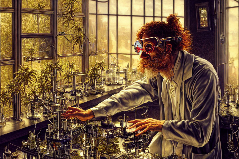 Scientist in goggles working in plant-filled lab