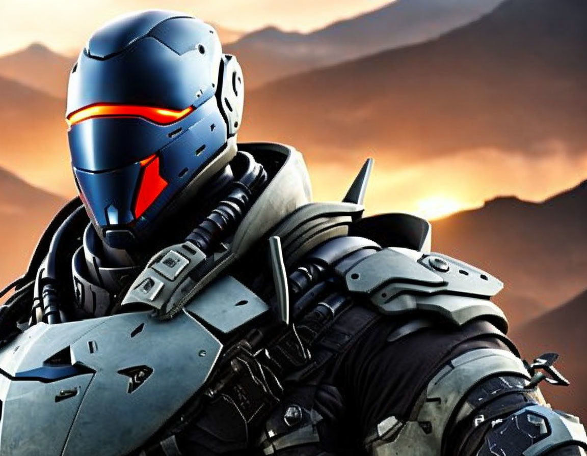 Futuristic soldier in advanced armor with glowing red visor against hazy mountains