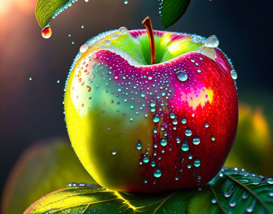 Fresh red and green apple with water droplets in sunlight.