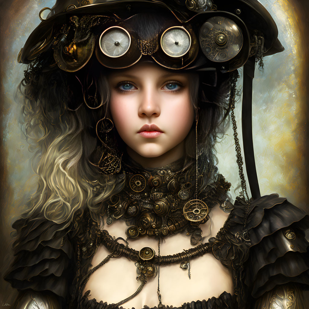 Portrait of girl in steampunk attire with blue eyes