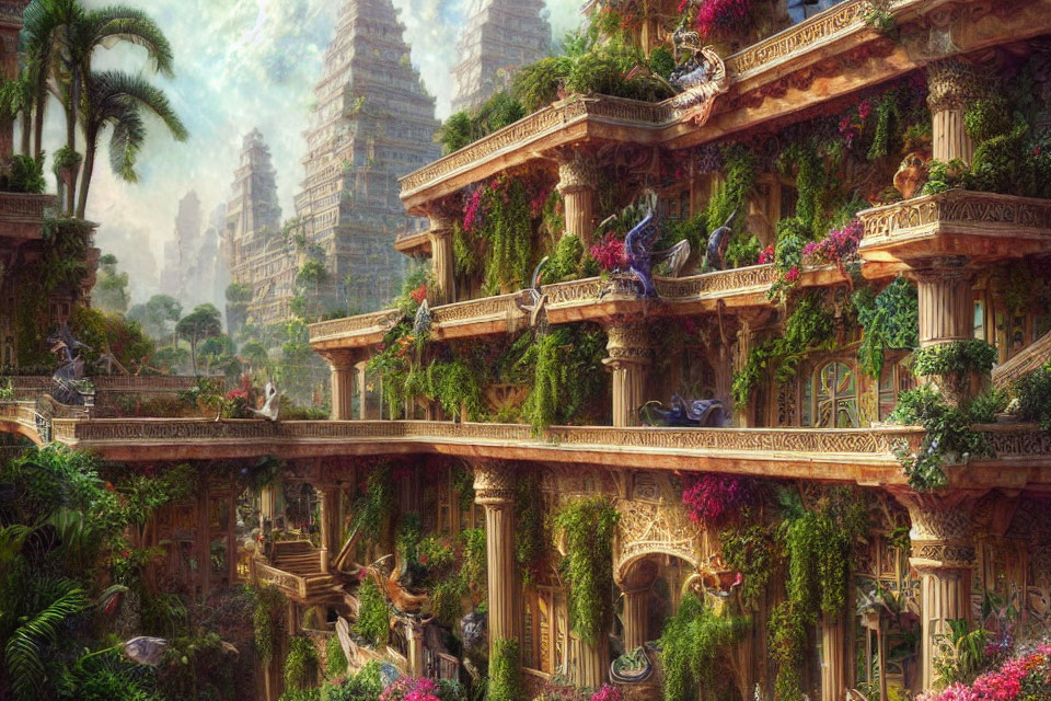 Fantasy landscape with lush greenery, ancient buildings, waterfalls, and statuary