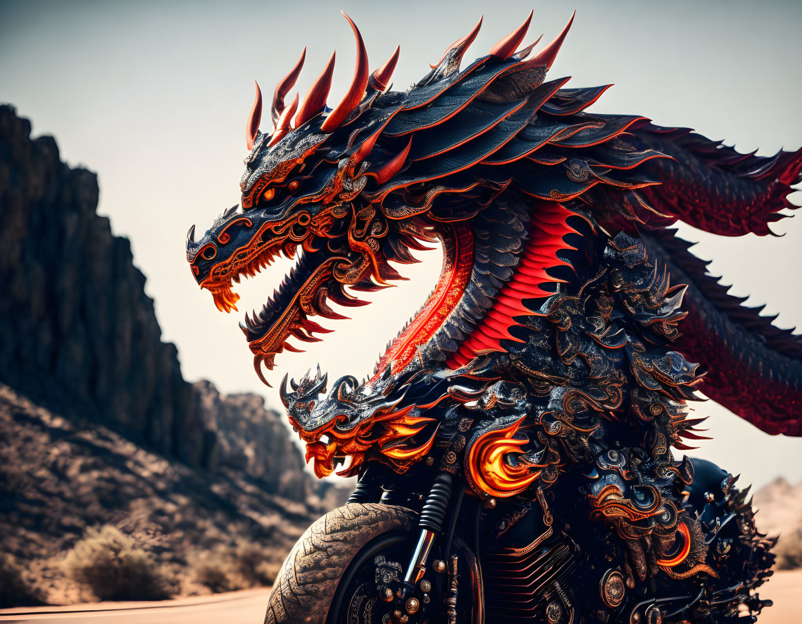 Detailed Red and Black Dragon-Themed Motorcycle Sculpture in Desert Setting