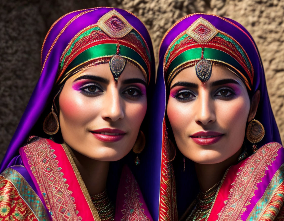 Vibrant traditional attire and elaborate headpieces on two women with detailed makeup.