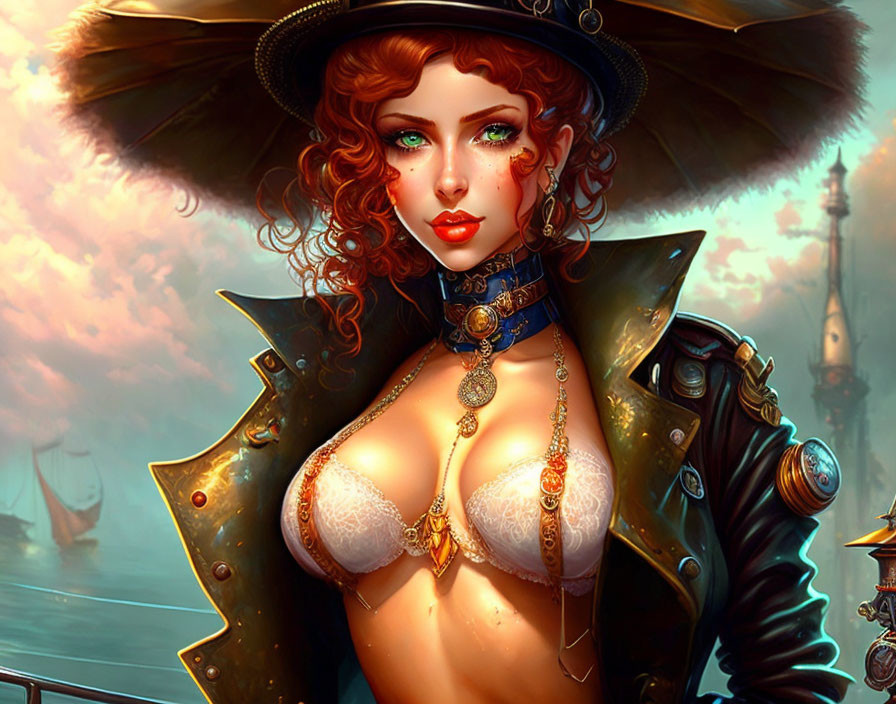 Digital artwork: Female character with red curly hair in pirate outfit against ship backdrop